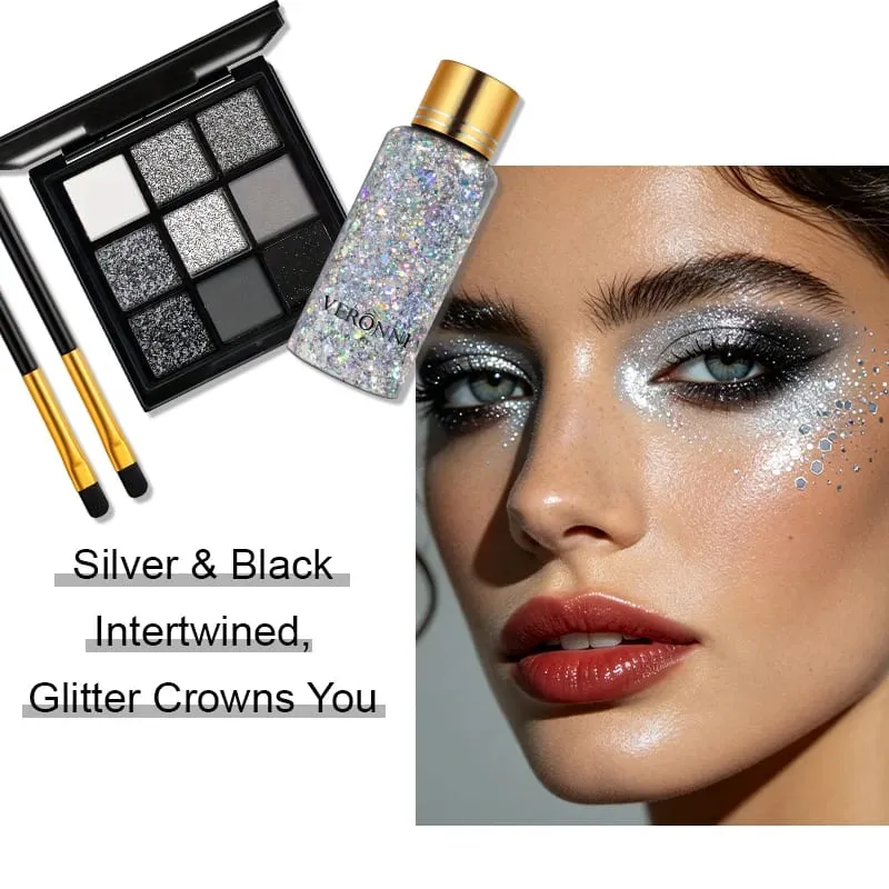 9 Colors Black Smoky Eyeshadow Palette with Holographic Glitter Sequins & Dual‑End Eyeshadow Brushes Halloween Party Makeup Kit