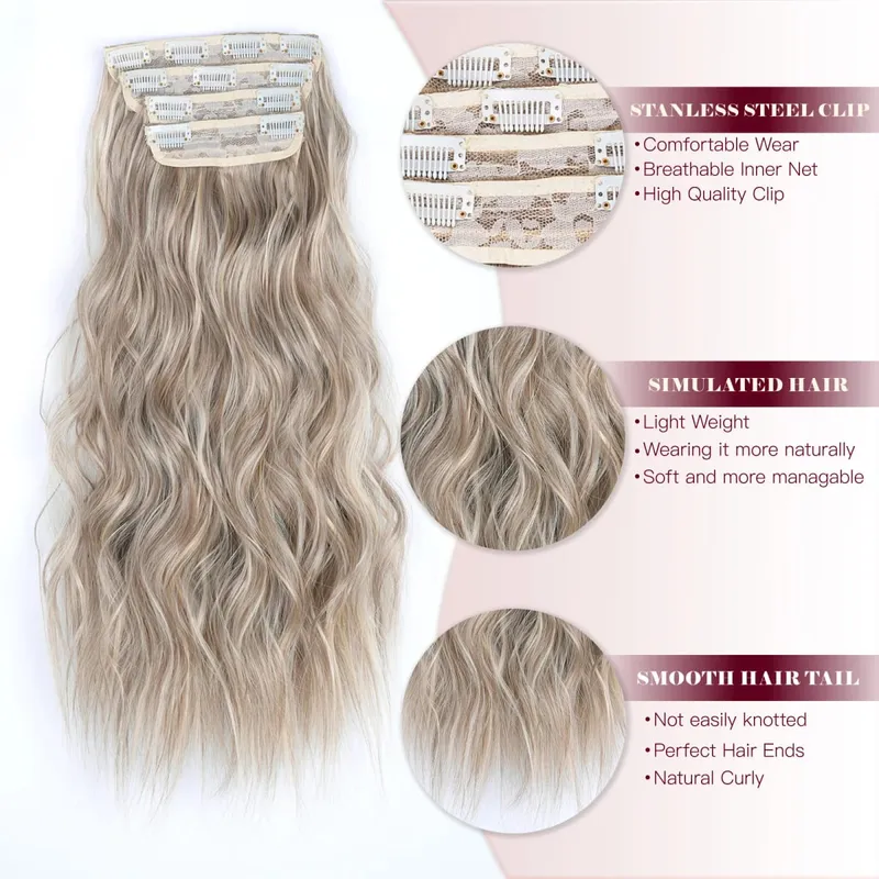 linwan Clip In Hair Extensions 4 PCS Full Head 20 Inch Long Curly Wavy Synthetic Hair Pieces Natural Wavy For Women Girls Hair