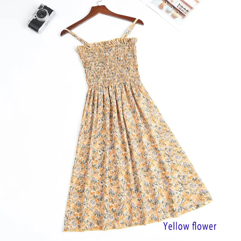 ฤดูร้อนมินิเดรสแฟชั่นหญิง Elastic High เอว Casual สปาเก็ตตี้สายคล้องคอผู้หญิงชุดชีฟอง Vestidos