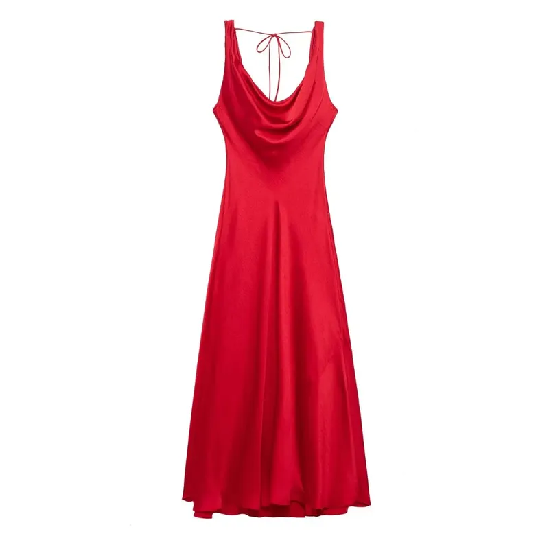 HH Women's Solid Vacation Style Satin Texture Backless V-neck Midi Dress Summer Female Elegant Sexy Lace-up Strap Dress