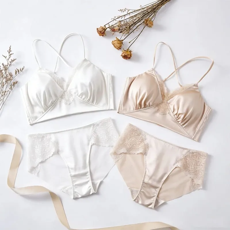 19MM Natural Mulberry Silk Satin Thin Bra Adjustable Cross Straps Beautiful Back Without Steel Ring Female Sexy Underwear Set — image 4