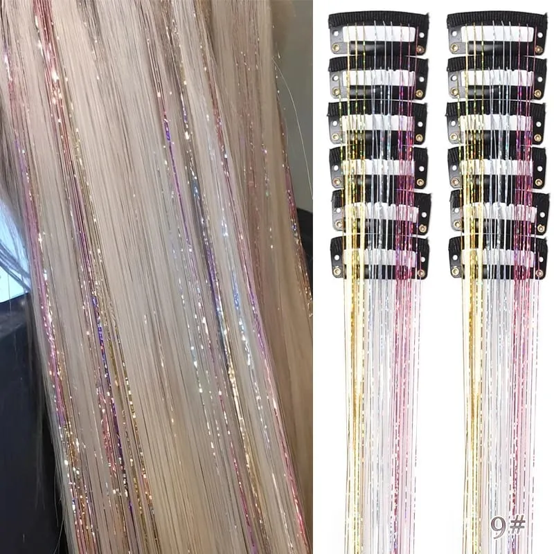 12pcs Per Pack of BB Hair Clips Shiny Metallic Hair Extensions with Clips Fairy Hair Sparkling Hair Accessories for Women.