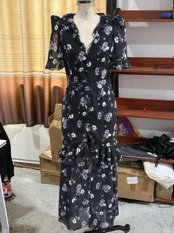 女款花卉印花雪紡長裙浪漫深V領飄袖高低蕾絲邊洋裝2026夏季優雅女士禮服