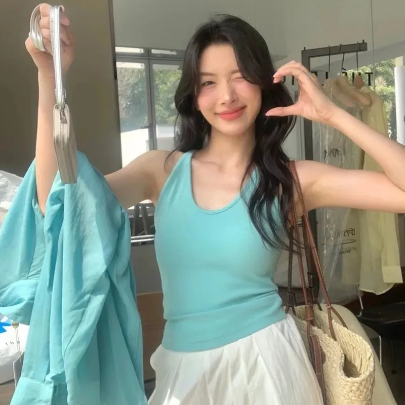 Korean Style with Chest Pad Strap Vest U-Neck Solid Color Backless Sleeveless Top Slimming Women Camis Summer — image 2