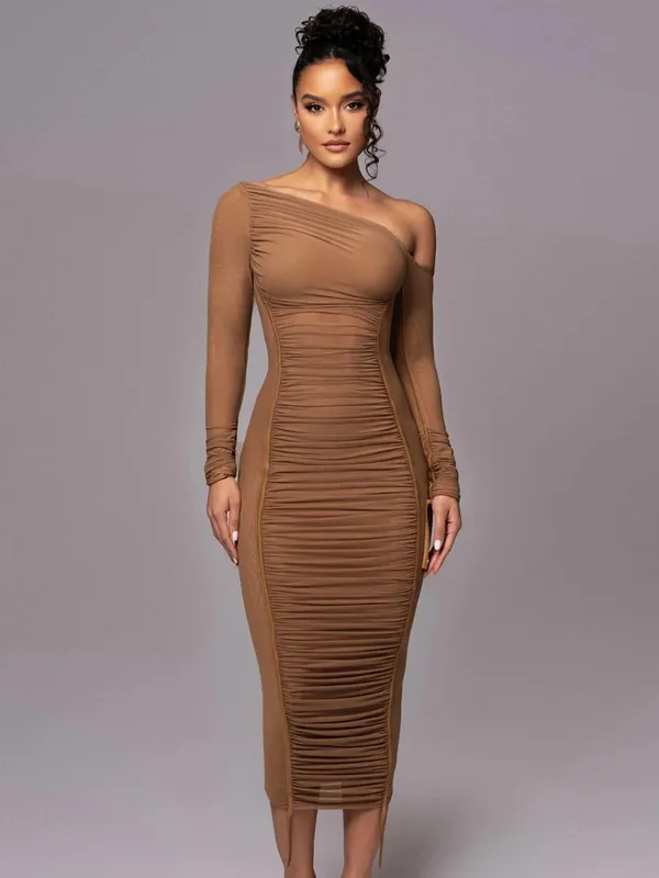 Hugcitar Mesh Pevný Diagonální límec Dlouhý rukáv Přehozený Sexy průsvitné bodycon Maxi šaty Letní móda Oblečení Festival Club