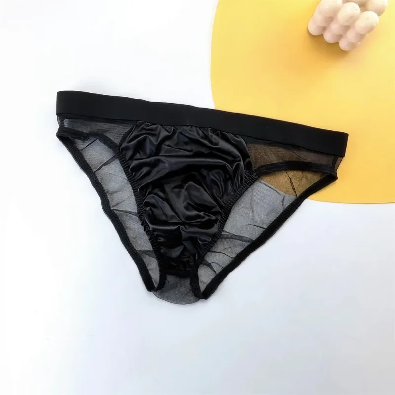 Cuecas masculinas de seda de cetim brilhante sexy cuecas de malha transparente calcinha masculina respirável de secagem rápida