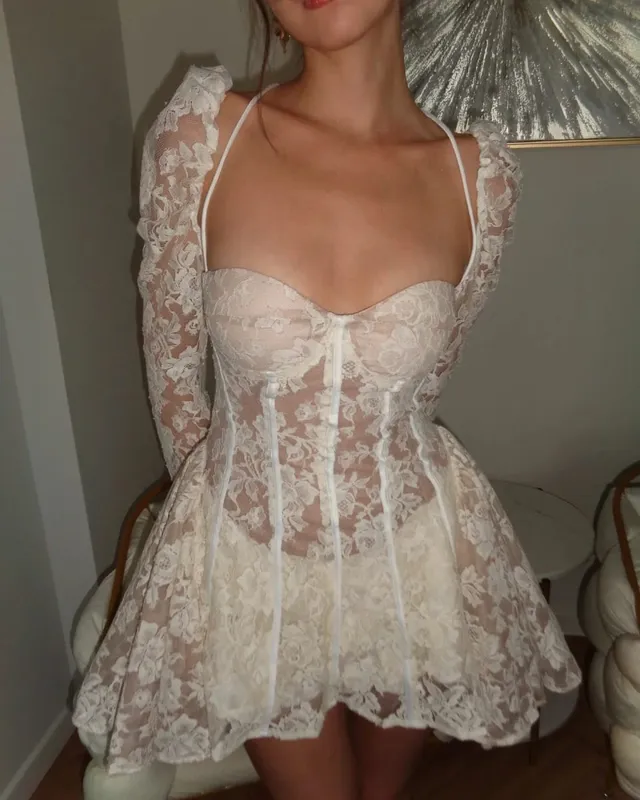 Mini vestido de renda branca com espinha de peixe, mini vestido feminino chique sem costas manga comprida transparente vestidos linha a 2026 robe para festa à noite