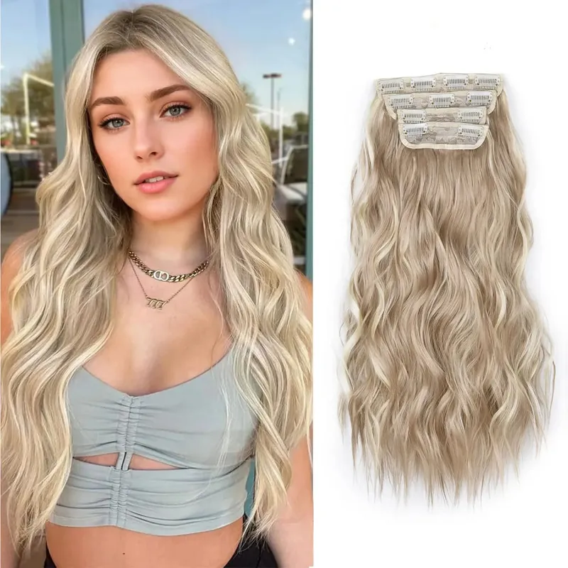 linwan Clip In Hair Extensions 4 PCS Full Head 20 Inch Long Curly Wavy Synthetic Hair Pieces Natural Wavy For Women Girls Hair