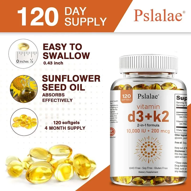 Vitamin D3 10000 IU with K2 200 Mcg | 2 in 1 Support Immune Heart Joint Teeth & Bone Health