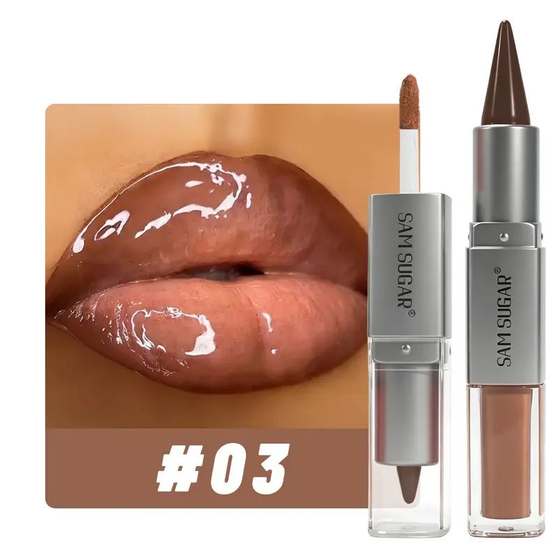 2 in 1 Lip Liner & Lip Gloss Dual Ended Hydrating Non Stick Lipstick Matte Velvet Outline Crayon with Shiny Plumping Lip Glaze
