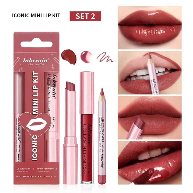 Set Lip Liner + Lipstik 5 Warna dan Pewarna Bibir Kit Bibir Matte Mudah Diwarnai Lipstik Merah Tahan Lama Set Rias Bibir
