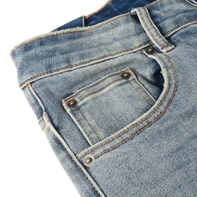 Men's High Street Light Blue Washed Distressed Denim Jeans With Embroidered Letter Motif Button Fly Suitable For All‑Season Wear