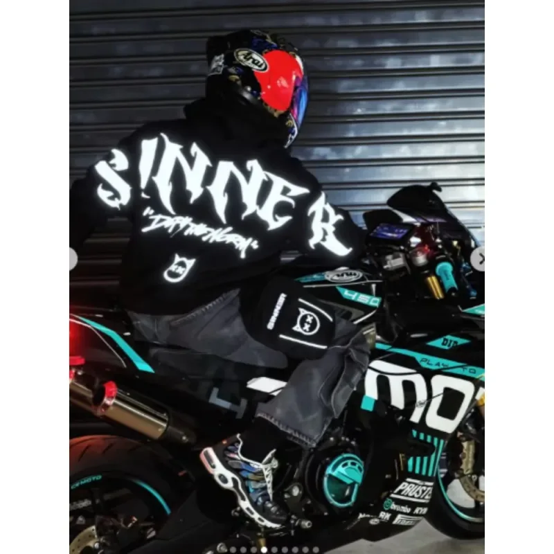 Mens Gothic Sinner Defy The Moon Print Oversized Hoodie Black Streetwear Motorcycle Riding Casual Pullover Hooded Sweatshirts