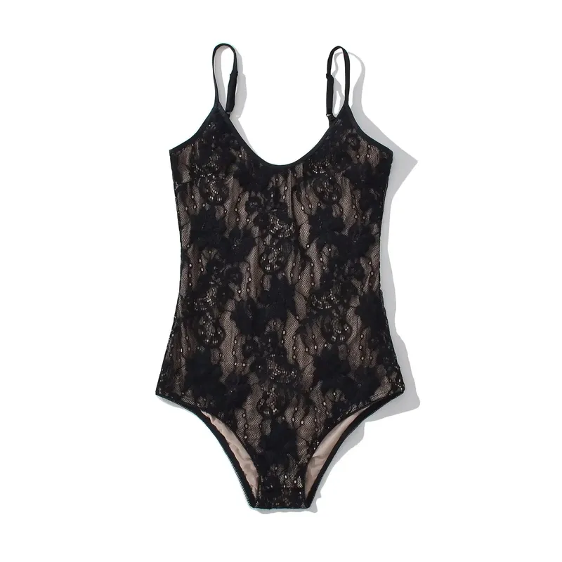 Sexy See Through Lace With Lining Backless Spaghetti Strap Bodysuit Woman Sling Tight Short Jumpsuit Slim Fit Rompers Playsuits