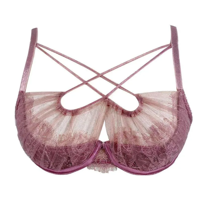 Französisch Spitze Stickerei Cross Strap Dessous Set Mesh Push-Up Bh Panty Hohl Sexy Frauen Intime Unterwäsche Anzug S-XL Party tragen