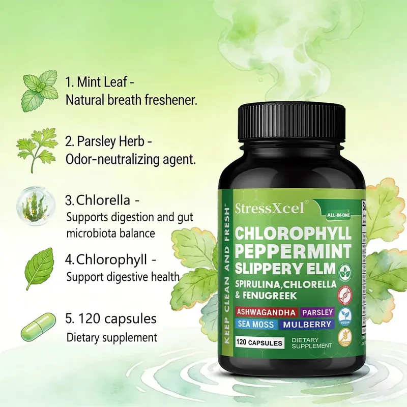 Chlorophyll Capsules with Peppermint - Supports Internal Cleanse Gut Health pH Balance Natural Freshness & Daily Wellness