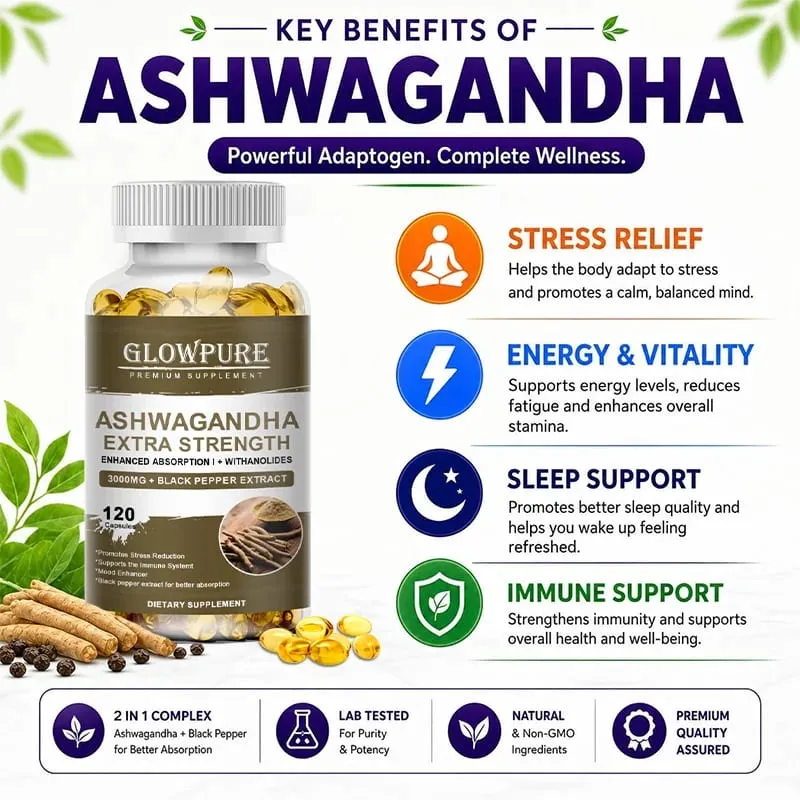 Capsules d'extrait de racine d'Ashwagandha pour le stress, l'humeur, le sommeil, l'énergie et la concentration, supplément de formule Premium