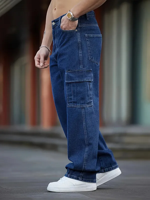 Men's Deep Blue Washed Denim Workwear Jeans Casual Multiple Pockets Design Loose Wide Leg Trousers Y2K Style Cargo Pants — image 9