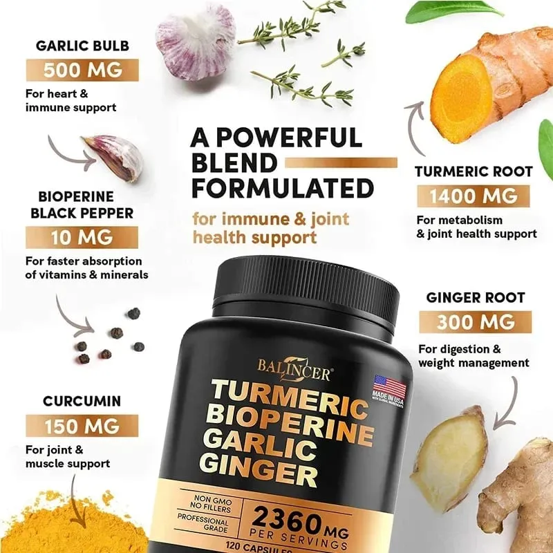 Turmeric - with Bioperine Garlic Ginger - 95% Curcuminoids Good for Pain Relief Immune Joint & General Health Antioxidant — image 3