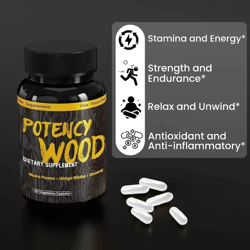 Potency Wood Herbal Supplements with Ginseng Ashwagandha 60 Capsules Adaptogen Energy Stamina Immune Antioxidants Gut Health