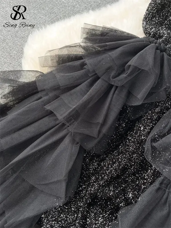 High Quality Cake Dress Fashion Strap Sequin Pachwork Mesh Design Women Temperament Sleeveless Autumn Shiny Long Dress