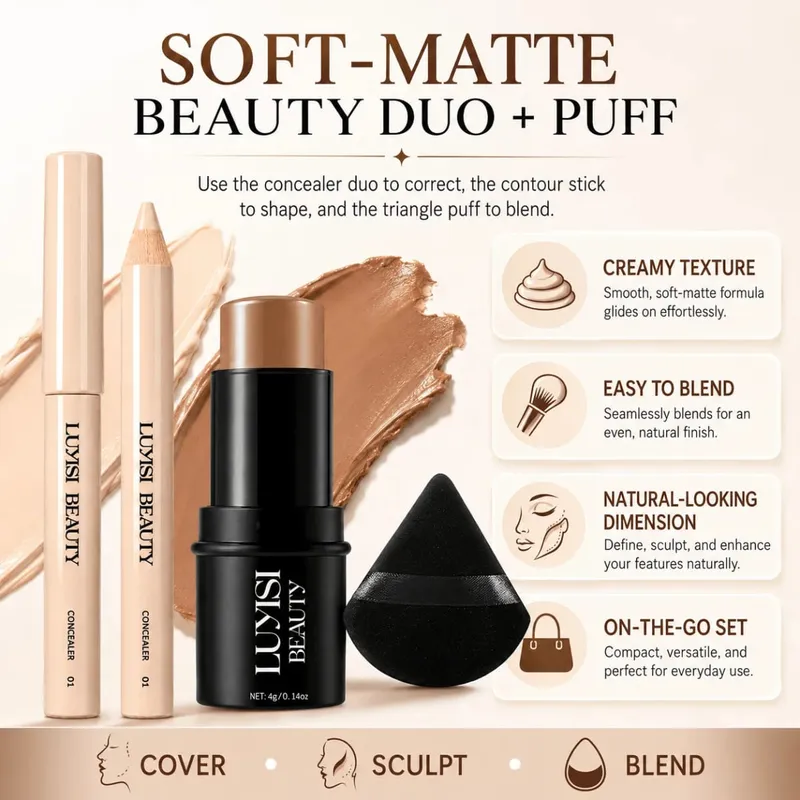 3pcs/Set Face Makeup:1pc Concealer+1pc Contour+1pc Blending Puff Waterproof Velvet Matte All-Day Wear - Buildable Coverage.