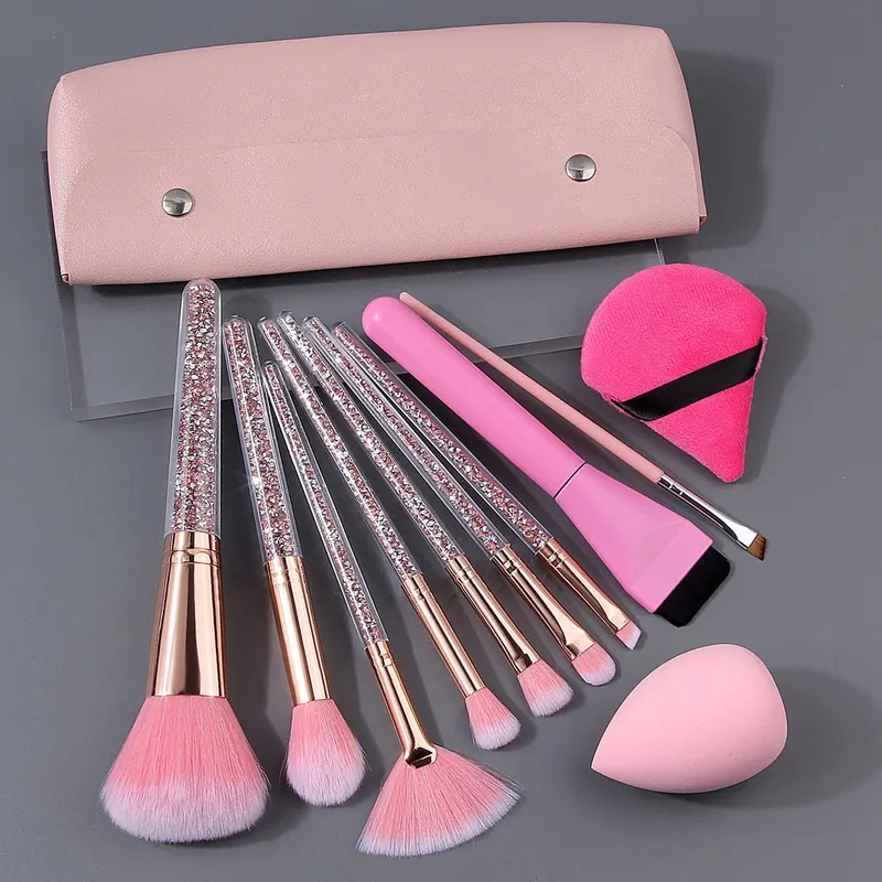 10/12/15/17pcs Professional Rhinestone Handle Makeup Brushes Set with Storage Bag Beauty Sponge Powder Puff for Face Eyes