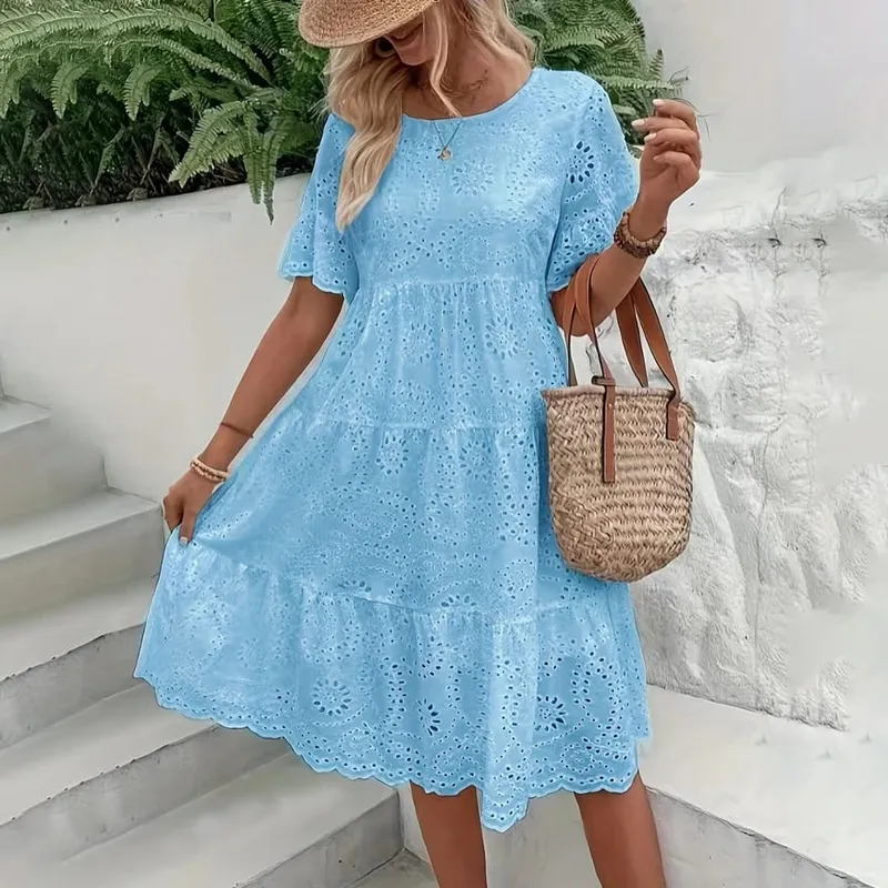 Nữ Trắng Silicon Thêu Đầm Midi Khoét Hở Boho Flowy Xù Tầng Váy Đầm Ngắn Tay Đi Biển Mùa Hè Áo — image 6