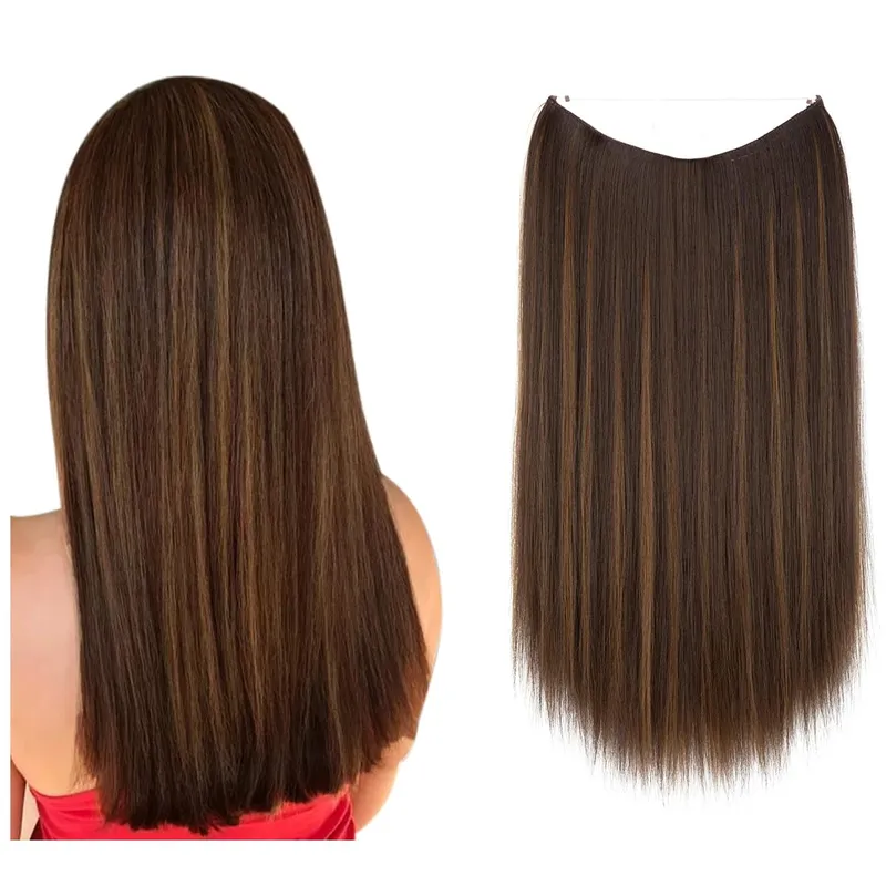Premium Heat Resistant Synthetic Invisible Wire Hair Extensions With Clips Hairpieces Long Natural Straight Fake Hair For Woman