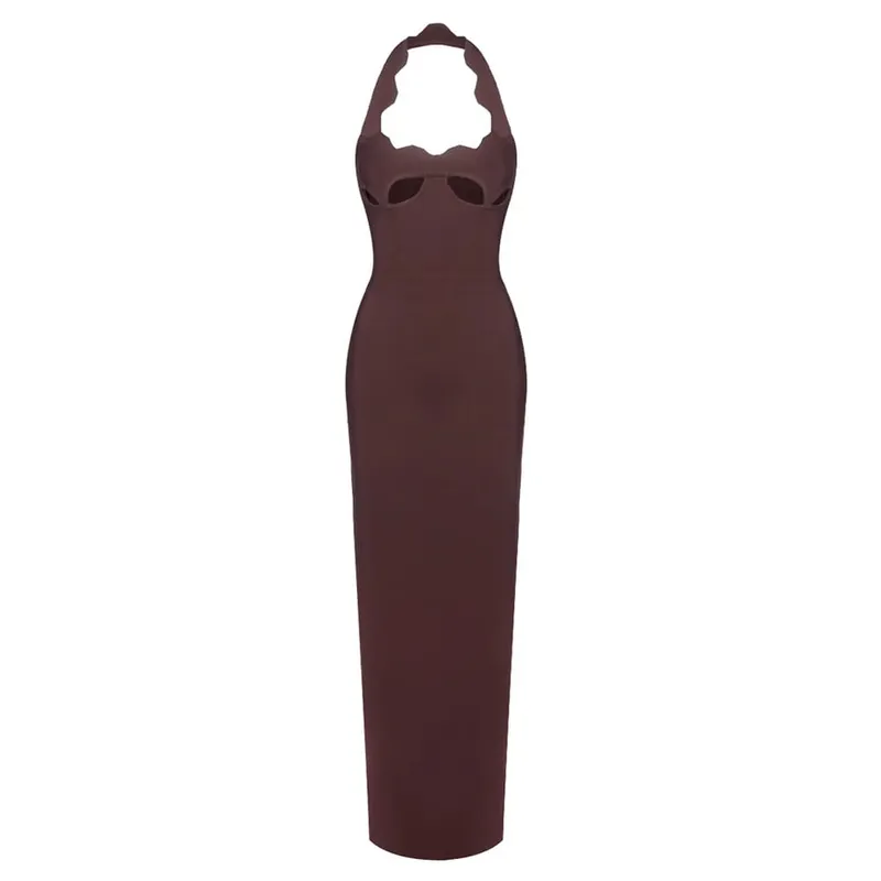 Vc preto halter vestido elegante para as mulheres 2025 novo verão festa à noite celebridade bodycon vestido longo vermelho marrom baile de formatura