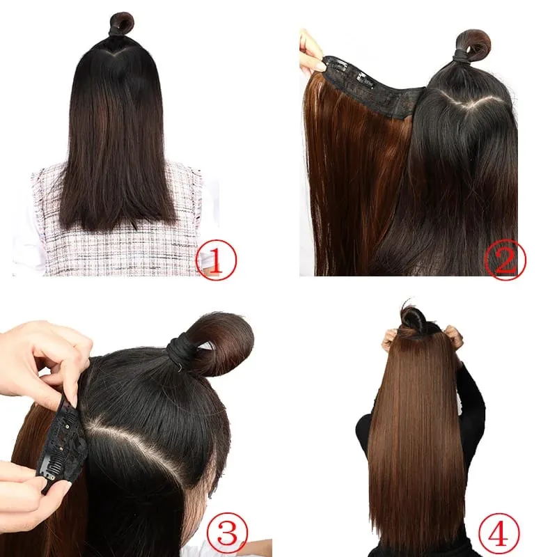 Sambungan Rambut Lurus Panjang 24Inci Sintetik 4 Klip V Bentuk Rambut Lurus Serat Tahan Panas Potongan Rambut Halimunan untuk Penggunaan Harian Wanita