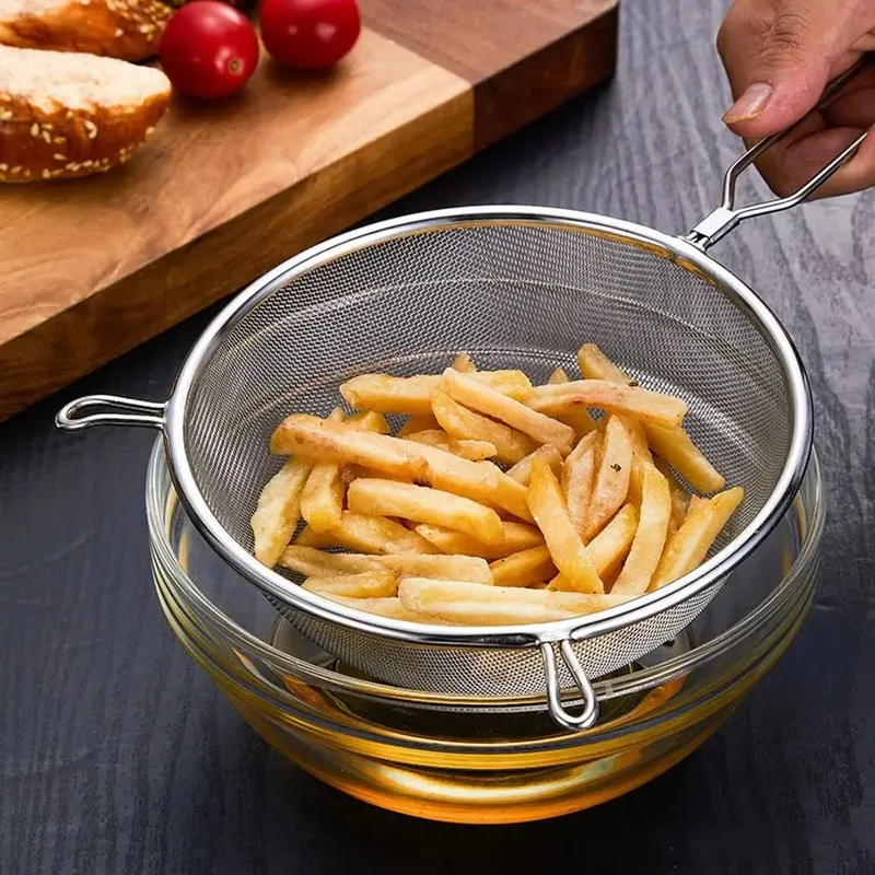 Stainless Steel Flour Filter Screen Double Ear Screen Handle Fine Mesh Strainer Cooking Spoon Soybean Milk Snack French Fries