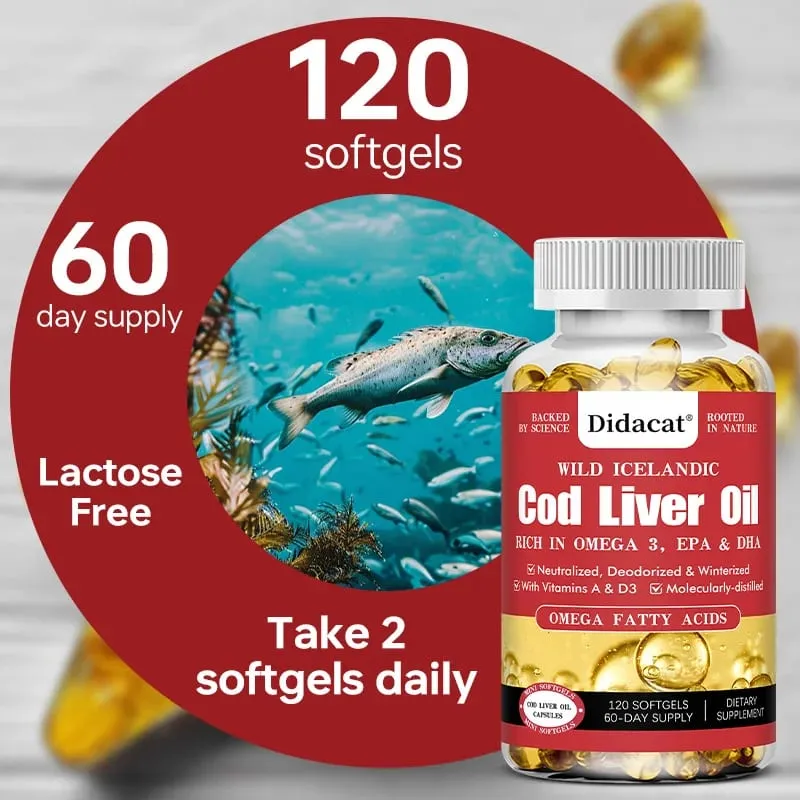 Cod Liver Oil Capsules Fish Oil Omega 3+ Vitamins A & D3 - Supports Heart Brain Vision & Joint Health