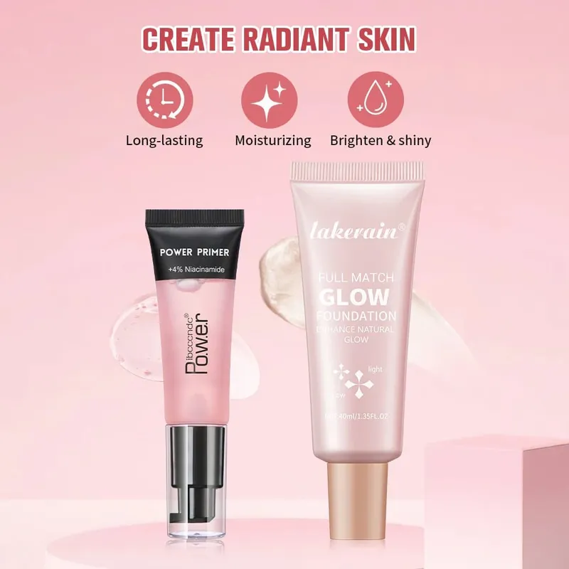 Powder Grip Primer Gel & Glow Foundation Makeup Kit Hydrating Smoothing Skin Lightweight Brighthen Shiny Fase Cosmetics Combo