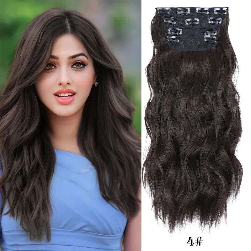 Leeons Wavy Clip In Hair Extensions 4 PCS Natural Soft Long Wavy Hairpieces Thick Double Weft Clip In Hair Extensions For Woman