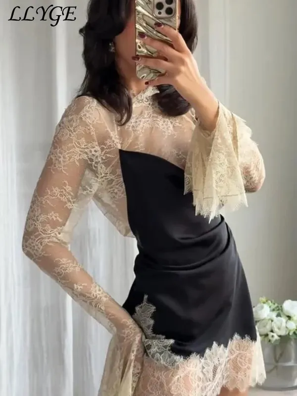 Elegant Lace Patchwork Short Dress Women See Through High Collar Flare Sleeve Party Dresses 2025 Autumn Lady Evening Robes