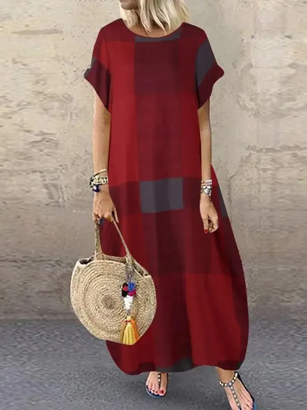 Boêmio xadrez verificado vestido de verão manga curta vestido longo moda férias festa femme casual solto robe 2025