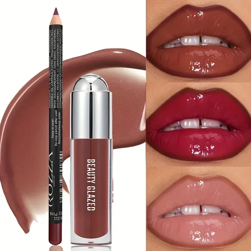 2Pcs Lip Liner Lip Gloss Set Longlasting Natural Nude Lip Glow Waterproof Lip Oil