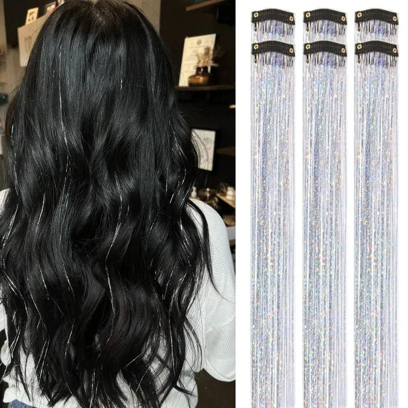 6/12Pas Synthetic Hair Tinsel Clip in 20Inch Glitter Tinsel Hair Clip in Hair Tinsel Kit Heat Resistant Shiny Sparkle Fairy Hair