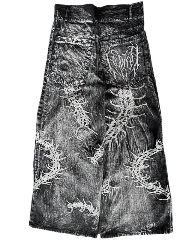 90s Gothic Centipede Embroidery Washed Oversized Wide-Leg Pants Jeans Men Y2K New Harajuku Punk Hip-Hop Rock Couple Street Wear