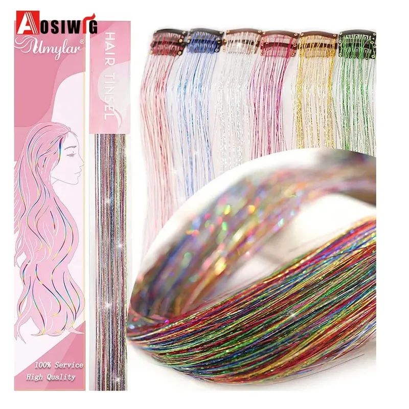 12Pcs/Pack Sparkle Blonde Hair Extensions Clip In Rainbow Shiny Sparkle Hair Tinsel Heat Resistant Sparkle Hair Extensions For W