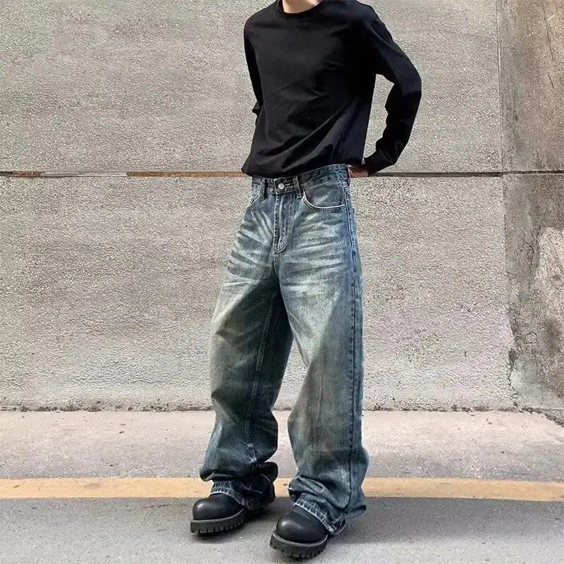 Men's Wide Leg Jeans Baggy Denim Pants Y2K Vintage Streetwear Loose Straight Casual Trousers