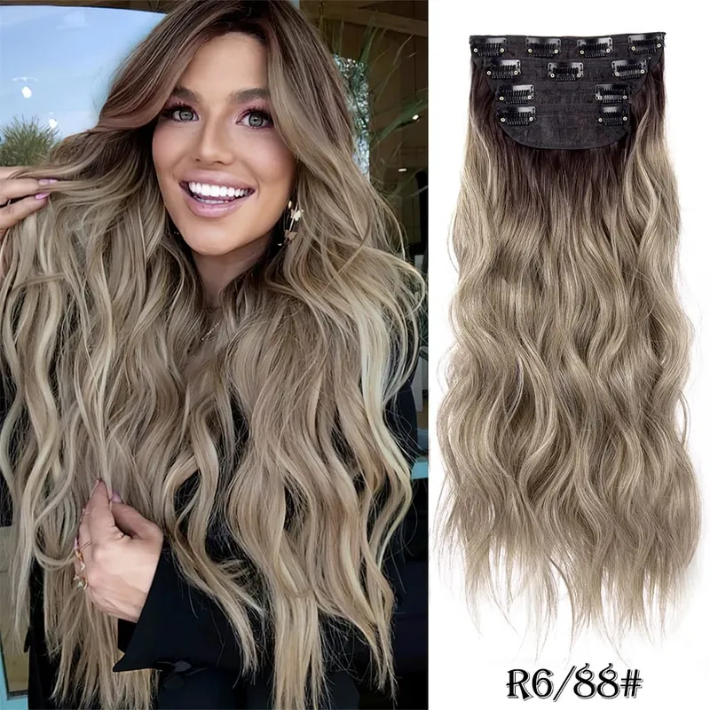 Leeons Wavy Clip In Hair Extensions 4 PCS Natural Soft Long Wavy Hairpieces Thick Double Weft Clip In Hair Extensions For Woman
