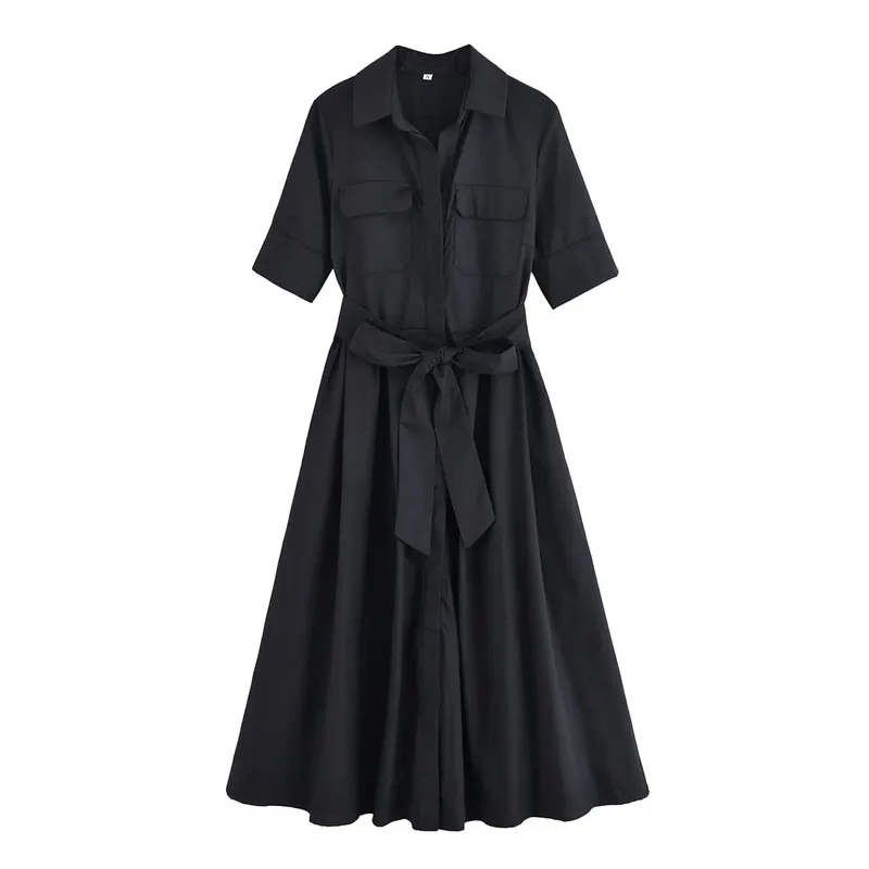 HH Women Summer Lapel Short Sleeve Pocket Single-Breasted Belt Decorate Midi Dress Female Fashion Shirt Style Pleated Dress