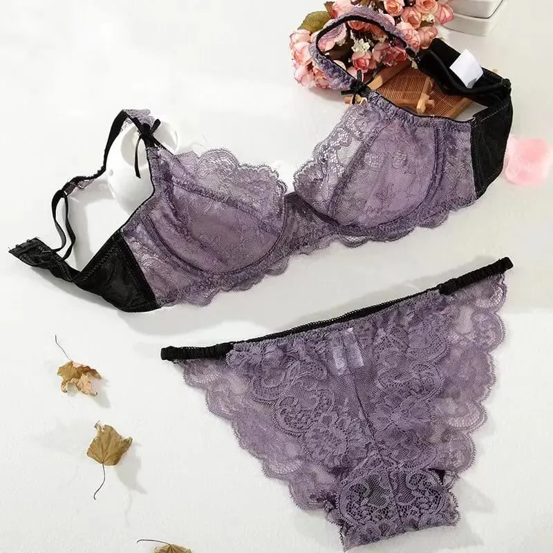 French Romance Lace Bralette Push Up Bra Ultra Thin Non Padded Wirefree Unlined Big Bust Minimizer Lingerie Set BANERDANNI S-XL