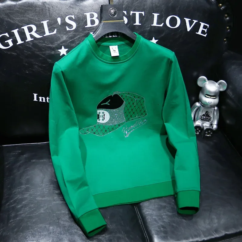 Round Collar Men's Pullover New Male Hoodies Personalized Hat Hot Diamond Print Fashionable Top Youth Bottoming Shirt Clothing — image 4