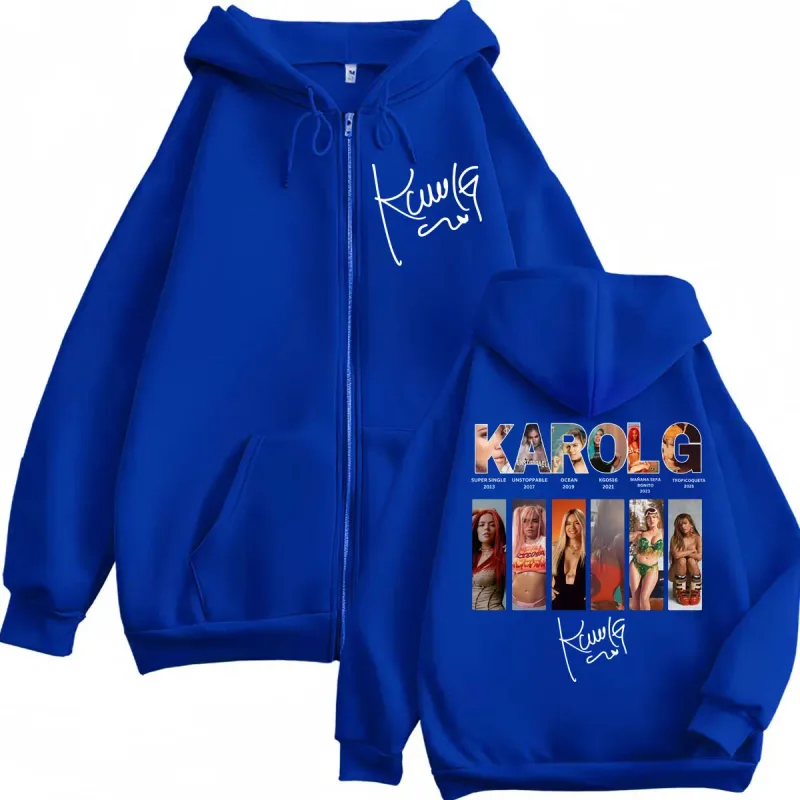 Karol G Tropicoqueta Album Zipper Hoodie Men Women Fashion Pop Music Zip Up Sweatshirts High Quality Fleece Oversized Pullovers