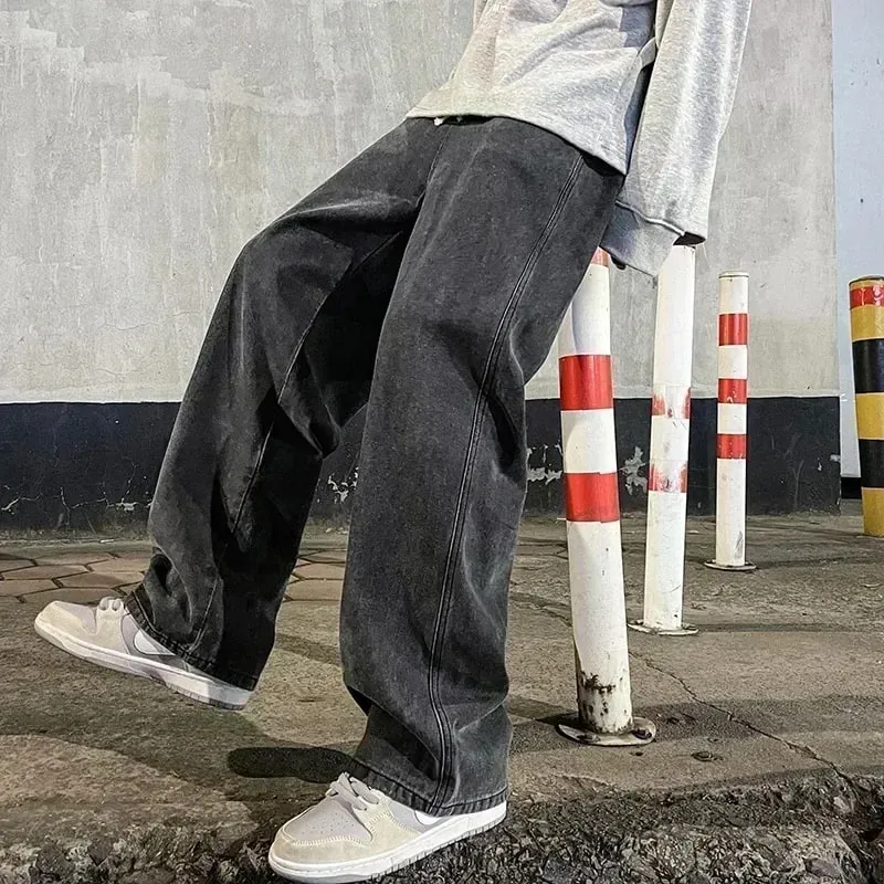 Men's Jeans Korean Version Student Casual Pants High Street Straight Loose Wide Leg Jeans Black Grey Blue Baggy Jeans