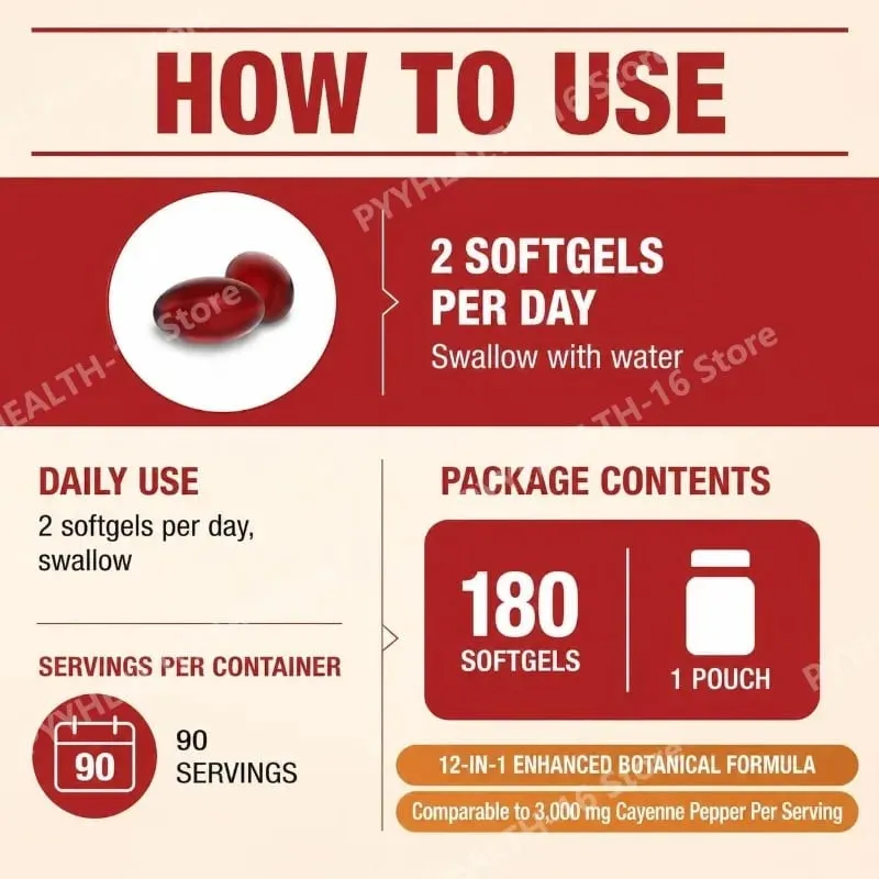 Docteat Cayenne Pepper 12-in-1 소프트젤 베르베린 및 흑후추 추출물 함유 면역 건강 및 뼈 지원 180 소프트젤