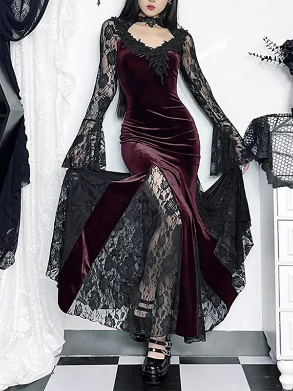 AltGoth Aesthetic Gothic Midi Dress Women Vintage Elagnt Lace Patchwork See Through Flare Sleeve High Waist Clubwear Dress Femme